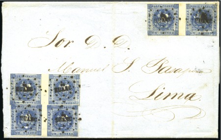 Stamp of Peru » 1858 (March) First Issue Three 1d Dark Blue pairs, Huancavelica dotted canc