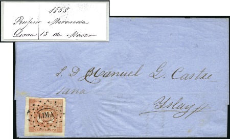 Stamp of Peru » 1858 (March) First Issue EARLIEST RECORDED DATE OF USE OF 1858 UNA PESETA
