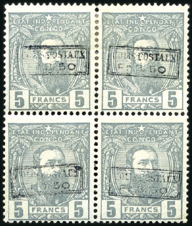 Stamp of Belgian Congo » Belgian Congo 1889 Parcel Post 3F50 sur 5F gris, en bloc de quatre neuf, peu cour