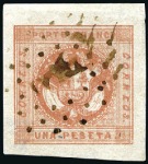 Stamp of Peru » 1858 (March) First Issue 1p Red, page showing four diff. shades from Salmon