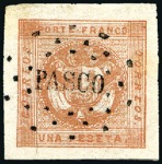 Stamp of Peru » 1858 (March) First Issue 1p Red, page showing four diff. shades from Salmon