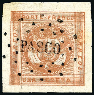 Stamp of Peru » 1858 (March) First Issue 1p Red, page showing four diff. shades from Salmon