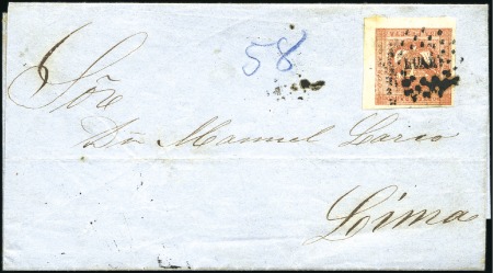 Stamp of Peru » 1858 (March) First Issue 1p Red, bright shade and transfer type C, tied by 