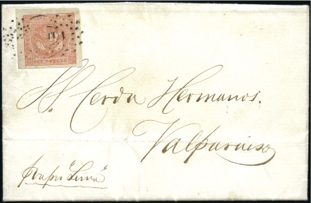 Stamp of Peru » 1858 (March) First Issue 1p Red, pale shade and transfer type G, tied by 1-