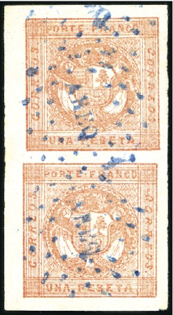 Stamp of Peru » 1858 (March) First Issue 1p Red, vertical pair of transfer types G/B ("brid