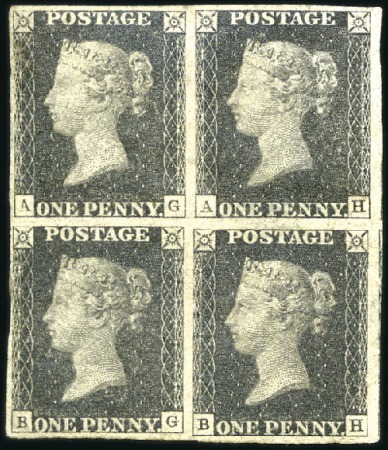 Stamp of Great Britain » 1840 1d Black and 1d Red plates 1a to 11 Plate 5 AG/AH mint block of four with large part o