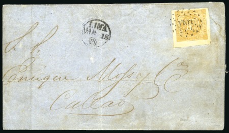 Stamp of Peru » 1858 (March) First Issue 1/2p Buff, ample to huge margins, tied to cover by