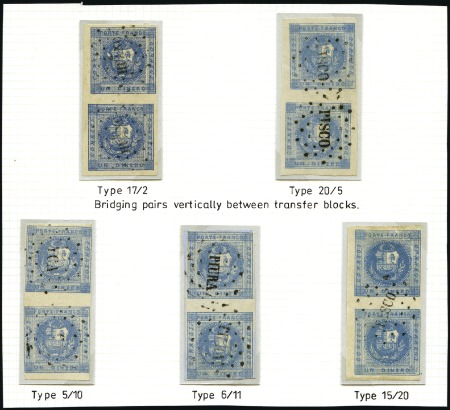 Stamp of Peru » 1858 (March) First Issue 1d Blue to Dark Blue, 5 vert. pairs showing transf