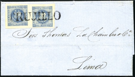 Stamp of Peru » 1858 (March) First Issue 1d Dark Greyish Blue, "bridging" pair showing tran
