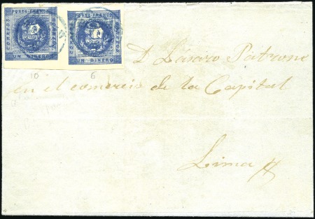 Stamp of Peru » 1858 (March) First Issue 1d Dark Indigo Blue, "bridging" pair showing trans