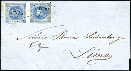Stamp of Peru » 1858 (March) First Issue 1d Blue, two covers with vertical pairs tied, each