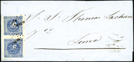 Stamp of Peru » 1858 (March) First Issue 1d Dark Blue, vert. pair oriented vertically (very