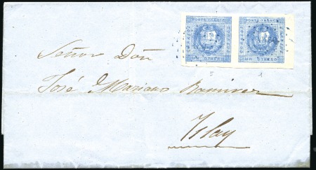 Stamp of Peru » 1858 (March) First Issue 1d Blue, "bridging" pair of transfer types 5+1 tie