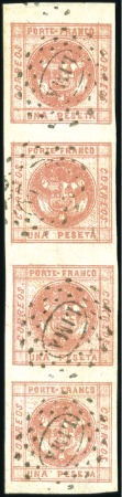 Stamp of Peru » 1858 (Oct)-1859 Double-Lined Frames 1p Red, die I, vert. strip of 4, transfer types 6/