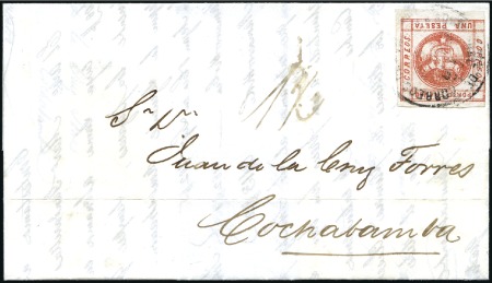 Stamp of Peru » 1858 (Oct)-1859 Double-Lined Frames MAIL TO BOLIVIA, 1p Vermilion, worn impression, ti