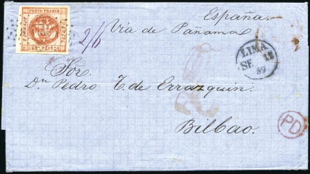 Stamp of Peru » 1858 (Oct)-1859 Double-Lined Frames TO SPAIN VIA BRITISH P.O., 1p Vermilion, die II, t