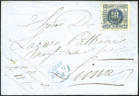 Stamp of Peru » 1858 (Oct)-1859 Double-Lined Frames 1d Dark Slate Blue, blue Callao cancel with matchi