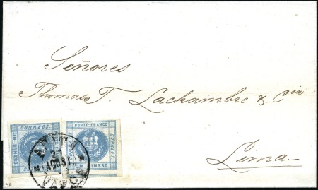 Stamp of Peru » 1858 (Oct)-1859 Double-Lined Frames 1d Light Blue, two examples tied by scarcer ARICA 