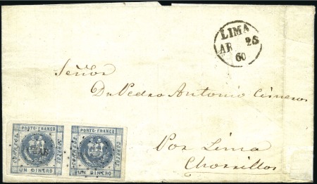 Stamp of Peru » 1858 (Oct)-1859 Double-Lined Frames 1d Slate Blue pair, nice margins, tied by scarce P
