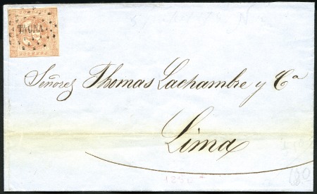 Stamp of Peru » 1858 (March) First Issue 1p Rose Red with bold Tacna cancel (L+R fig. 24) o