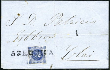 Stamp of Peru » 1860-61 Zig-Zag Spandrels 1d Dark Blue, UNDERPAID USE from Arequipa transfer