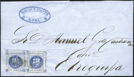 Stamp of Peru » 1860-61 Zig-Zag Spandrels 1d Dark Blue, pair showing transfer types 6+7 from