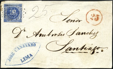 Stamp of Peru » 1858 (March) First Issue 1d Blue tied by Lima cancel to cover front to Sant