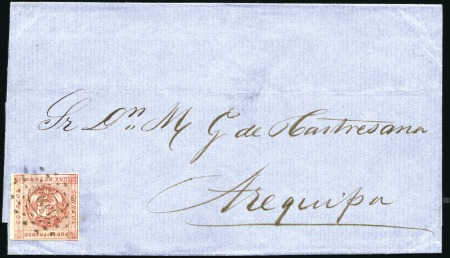 Stamp of Peru » 1860-61 Zig-Zag Spandrels 1p Deep Rose tied by Lima oval & dots cancel (L+R 