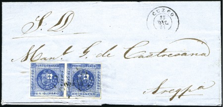 Stamp of Peru » 1860-61 Zig-Zag Spandrels 1d 3rd setting, magnificent large-margined pair, d