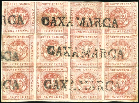 Stamp of Peru » 1860-61 Zig-Zag Spandrels 1p Red, magnificent block of 12 from the first set