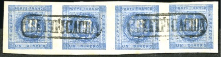Stamp of Peru » 1858 (March) First Issue 1d Light Blue, handsome strip of four with boxed C
