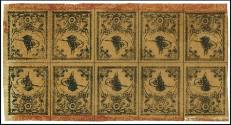 Stamp of Turkey » Tughra Issue » 1863-65 2nd Printing: Tax, Thin Paper THE BRANDT BLOCK

TÊTE-BÊCHE BLOCK OF TEN

5pi