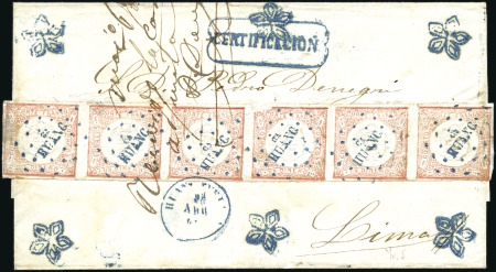 Stamp of Peru » 1862-73 Lecoq Machine Issues 1d Red strip of 6 with Huancavelica dotted cancels