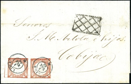 Stamp of Peru » 1862-73 Lecoq Machine Issues Pair of 1d Dark Red tied by Lima/M cds (5 ENE 66) 