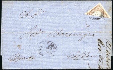 Stamp of Peru » 1862-73 Lecoq Machine Issues 1d Red bisect, large margins, tied to cover by May