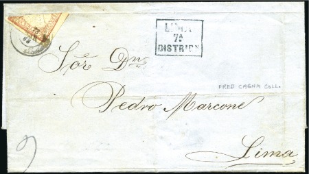 Stamp of Peru » 1862-73 Lecoq Machine Issues 1d Red bisect, large margins, tied to cover by Mar