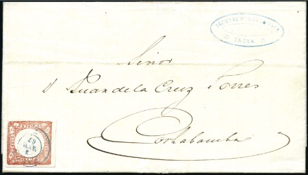 Stamp of Peru » 1862-73 Lecoq Machine Issues 1d Red with blue Tacna cds of 3 MAR (month inverte
