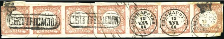 Stamp of Peru » 1862-73 Lecoq Machine Issues 1d Red, strip of 7 with Chachapoyas 13 ENE 66 cds 