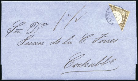Stamp of Peru » 1862-73 Lecoq Machine Issues BISECT of 1p Brown well tied by Tacna 19 OCT 64 cd