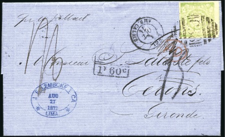 Stamp of Peru » 1862-73 Lecoq Machine Issues 1d Green tied by British P.O. "C38) cancel to fold