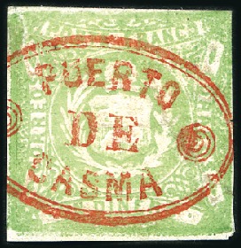 Stamp of Peru » 1862-73 Lecoq Machine Issues 1d Green, rare and beautiful strike of red PUERTO 
