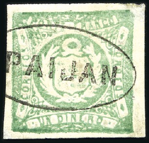 Stamp of Peru » 1862-73 Lecoq Machine Issues 1d Green, beautiful strike of PAIJAN in simple ova