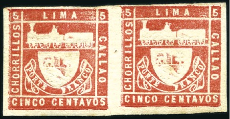 Stamp of Peru » 1870-73 Le Coq Trencito & Llama 5c Scarlet, fantastic mint pair, full og with only