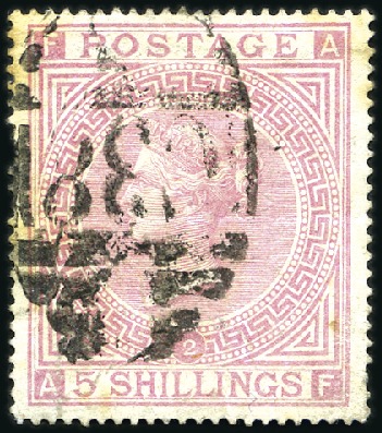 Stamp of Peru » British Post Offices 1867 5sh Rose, plate 2, with inverted "C38" cancel