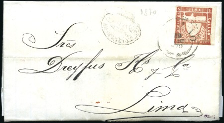 Stamp of Peru » 1870-73 Le Coq Trencito & Llama 5c Red tied by Callao cds (20 DIC 1870) to folded 