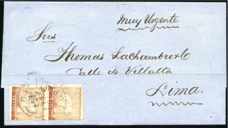Stamp of Peru » 1870-73 Le Coq Trencito & Llama 5c Pair, dramatic uneven inking, tied by May 1872 