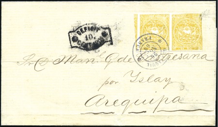 Stamp of Ecuador » 1865-72 First Issue Pair of First Issue 1r Yellow tied by Guayaquil / 
