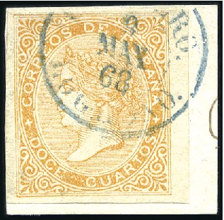Stamp of Spain 1867 12c orange IMPERFORATE right marginal example
