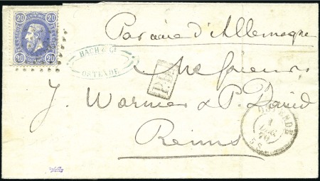 Stamp of Belgium » Belgique. 1869-83 Nouveaux types et nouvelles valeurs - Émission 20c bleu sur lettre d'Ostende 01.12.70 pour Reims 