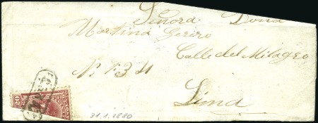 Stamp of Peru » 1874-1884 Definitives 20c Brown Red, diagonal bisect tied by boxed Caraz